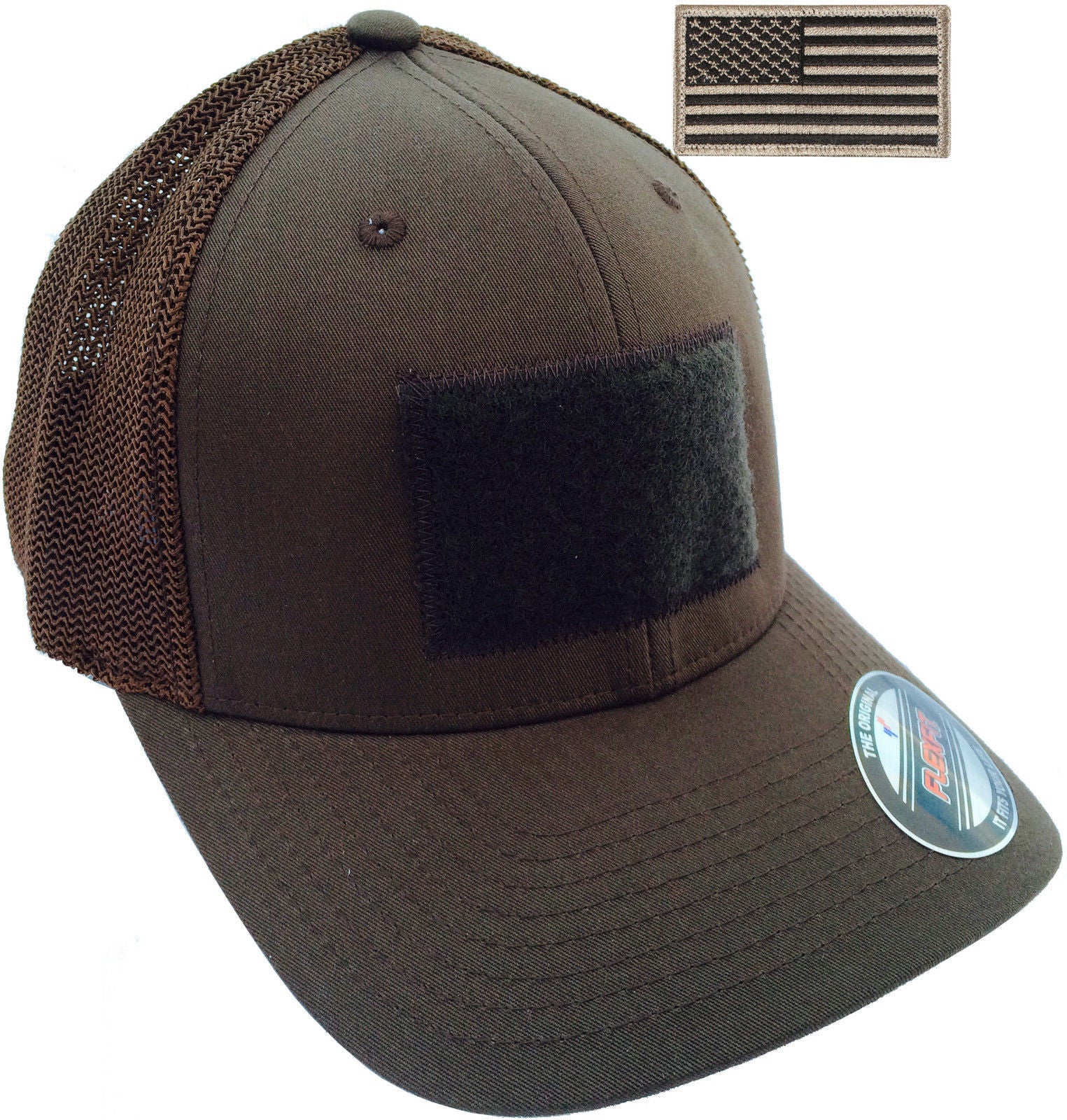 Men's Flexfit Mesh Trucker Tactical Cap Mid Profile Hat & USA Flag P