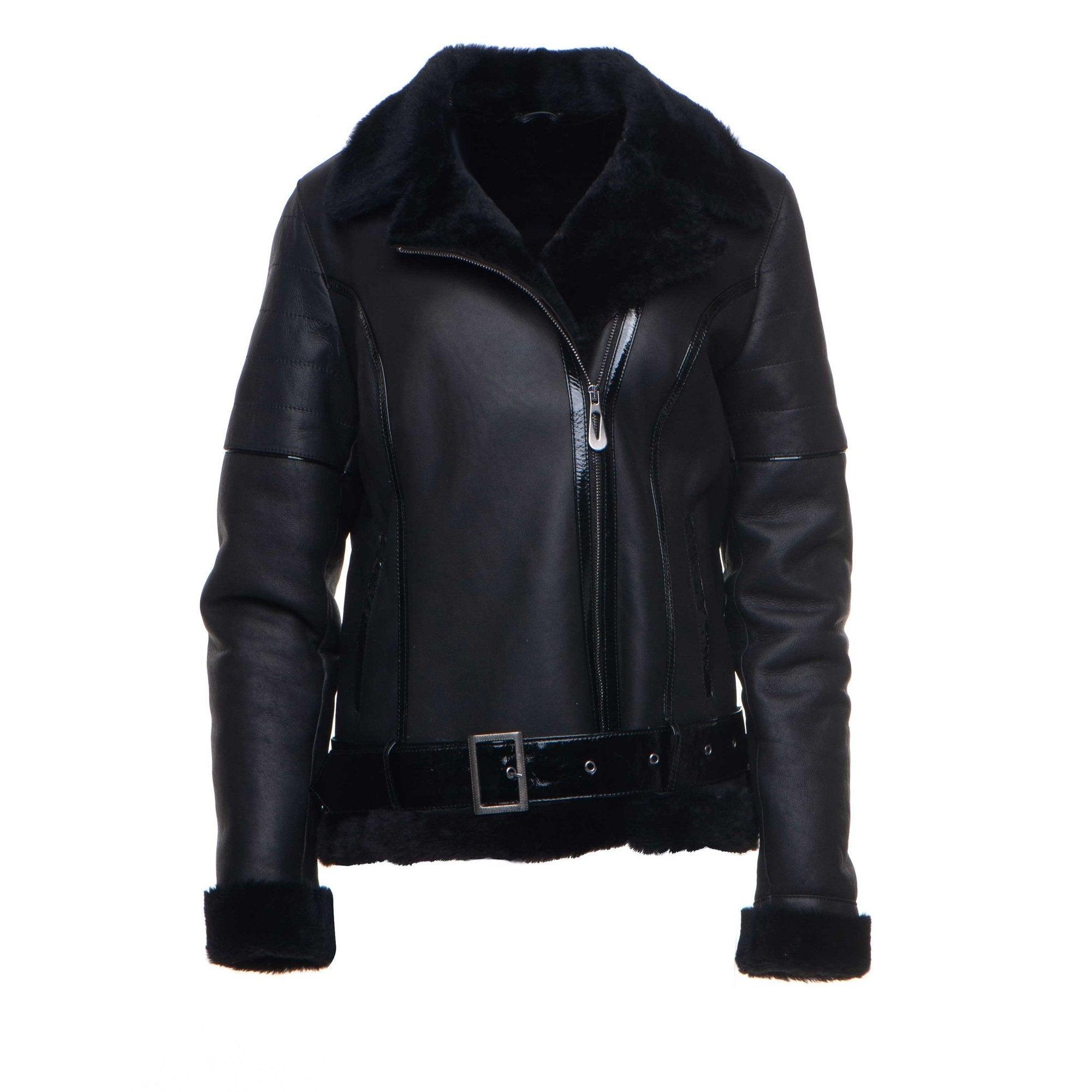       Tasha's B-3 Bomber Black Sheepskin Shearling Style Jacket For Women – JacketsHaven
