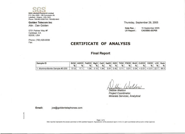 SGS Certificate of Analysis Report on Nevalite Montmorillonite Purity 99%