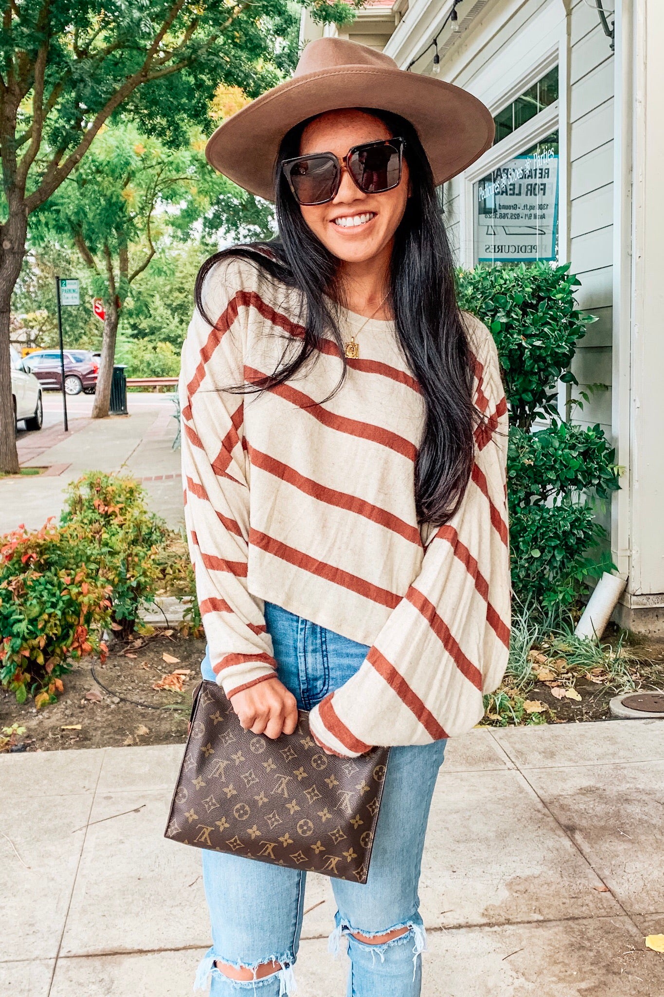 Oatmeal/Brown Stripe Knit Top with sleeve shirring