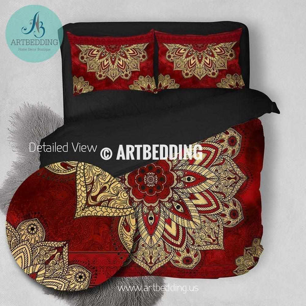 Bohemian Bedding Cherry Red And Gold Mandala Duvet Cover Set