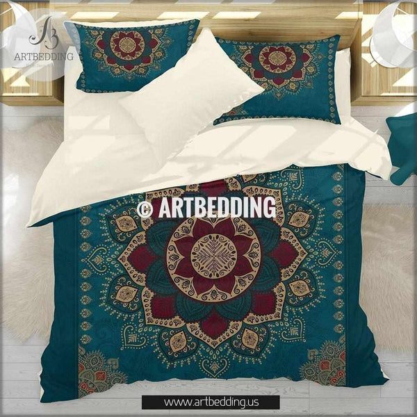 Bohemian Bedding Dark Teal Gold Mandala Duvet Cover Set Boho Duvet Bedding Set Hippie Bedroom Artbedding Art