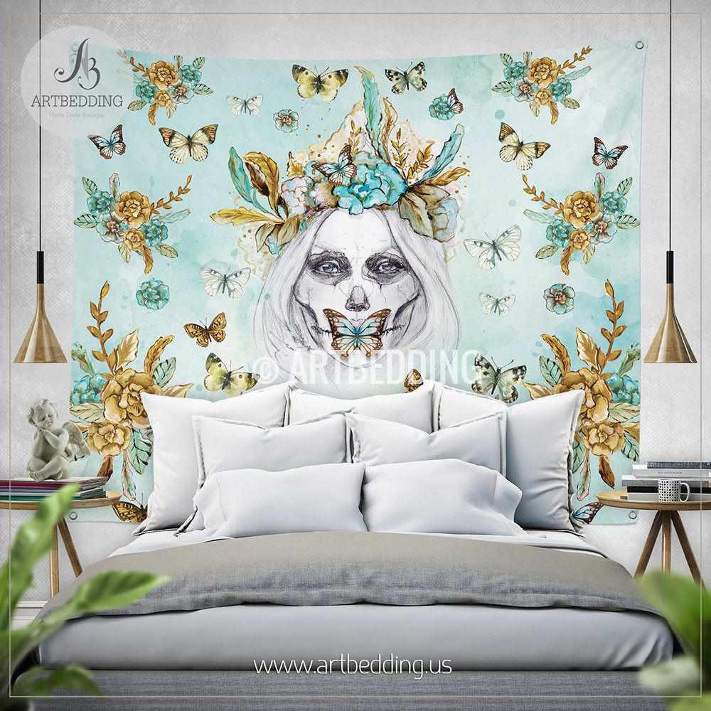 HIPPIE BOHEMIAN WALL SUGAR SKULL INDIAN COTTON WALL HANGING TAPESTRY 