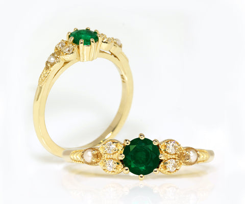 emerald pearl and diamond yellow gold engagement ring