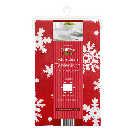 Festive Snowflake Design Wipe Clean Tablecloths 132x178cm - Red
