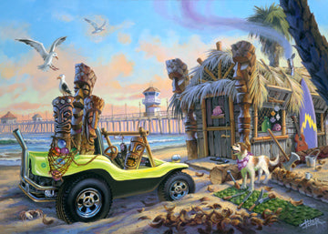 Tom Thordarson paints a dune buggy loaded with tiki faces parked outside a grass hut in Hawaii
