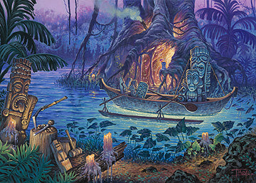 Tiki artist Tom Thordarson shows a tiki workshop surrounded by a mystical lagoon in the middle of a jungle