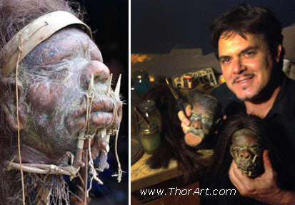 Fantasy artist Tom Thordarson carves intricate details in the shrunken heads for sale at Tiki Oasis 2015