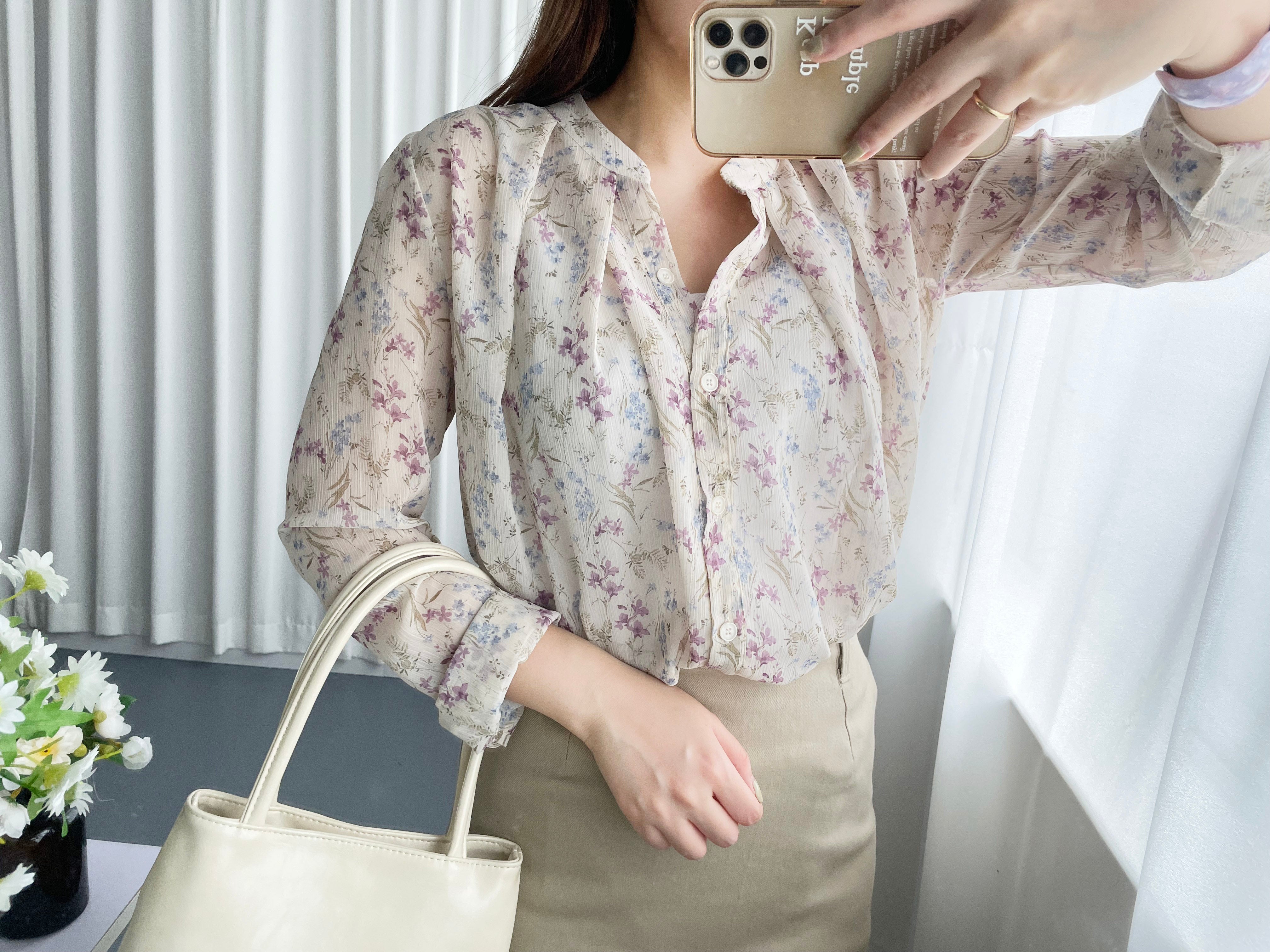 Pleated Floral, Blouse /BU8866 (white sold out)