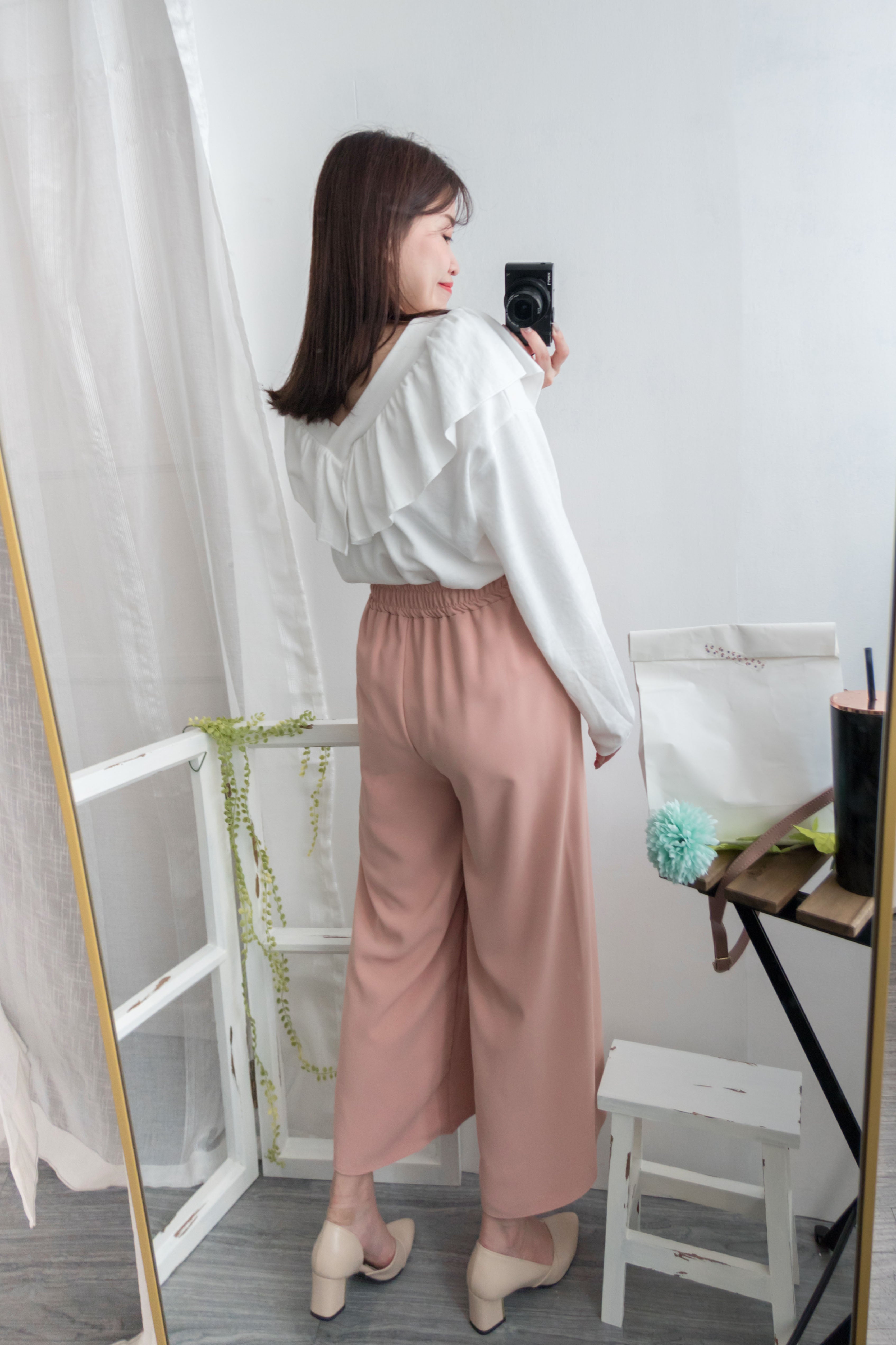 Pastel smooth 飄逸氣質皺褶橡筋腰闊腳大擺褲, Pants/ PT8299