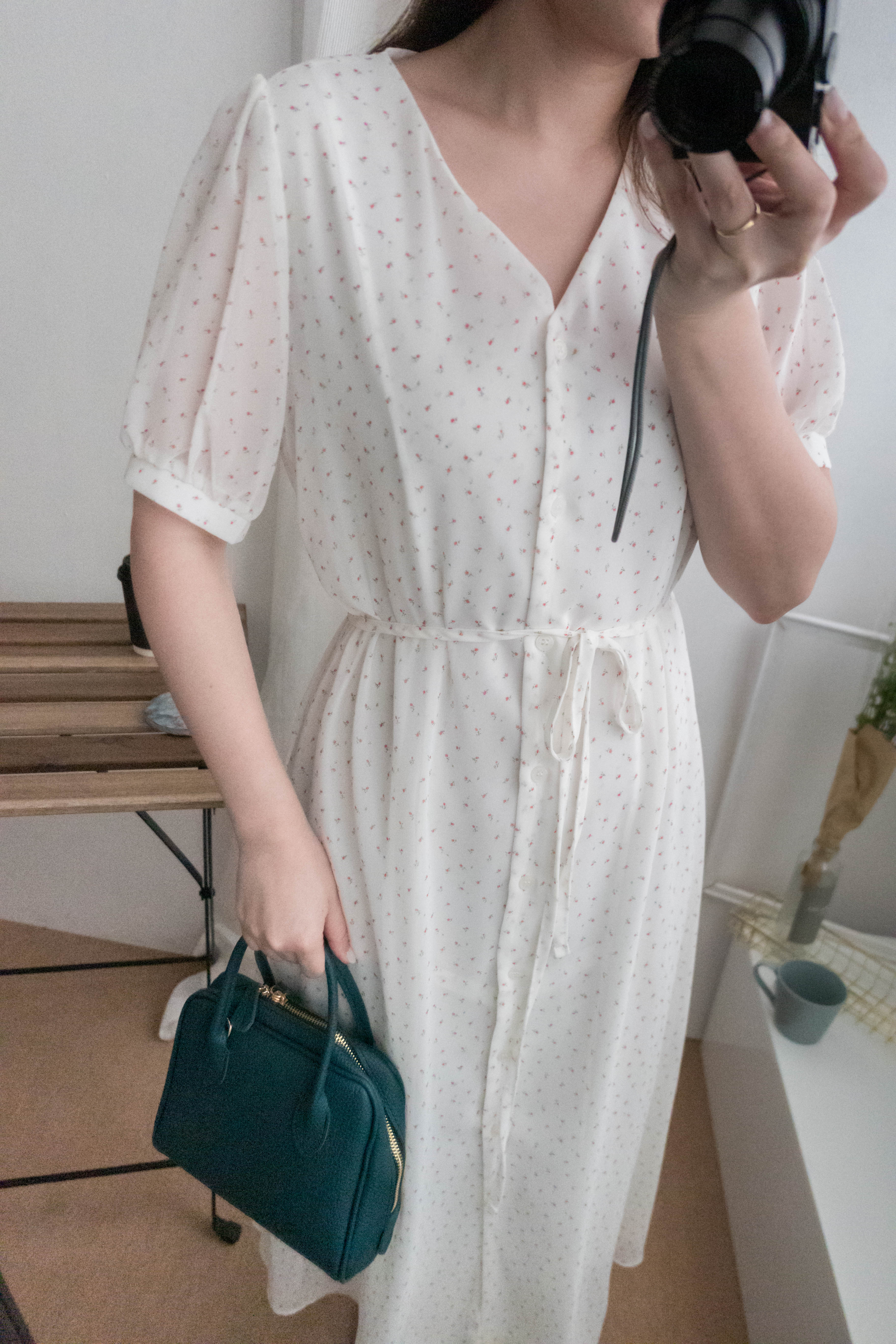 Rose Scent 仙氣白色花柄中排鈕雪紡全裡布連身裙, Dress/ DS8852