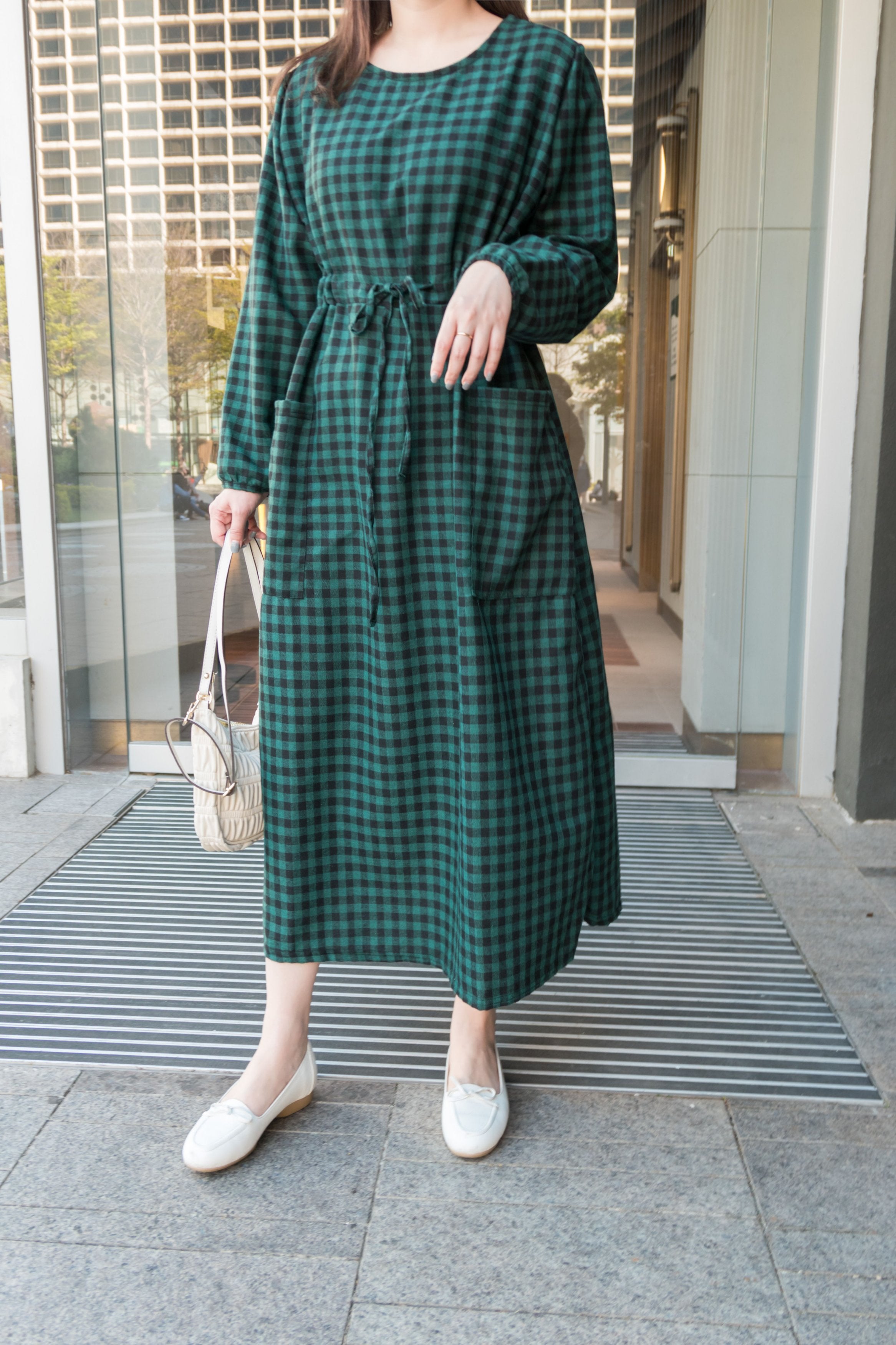 Check 隨性闊鬆氣質墨綠口袋格子裙, Dress/ DS8949