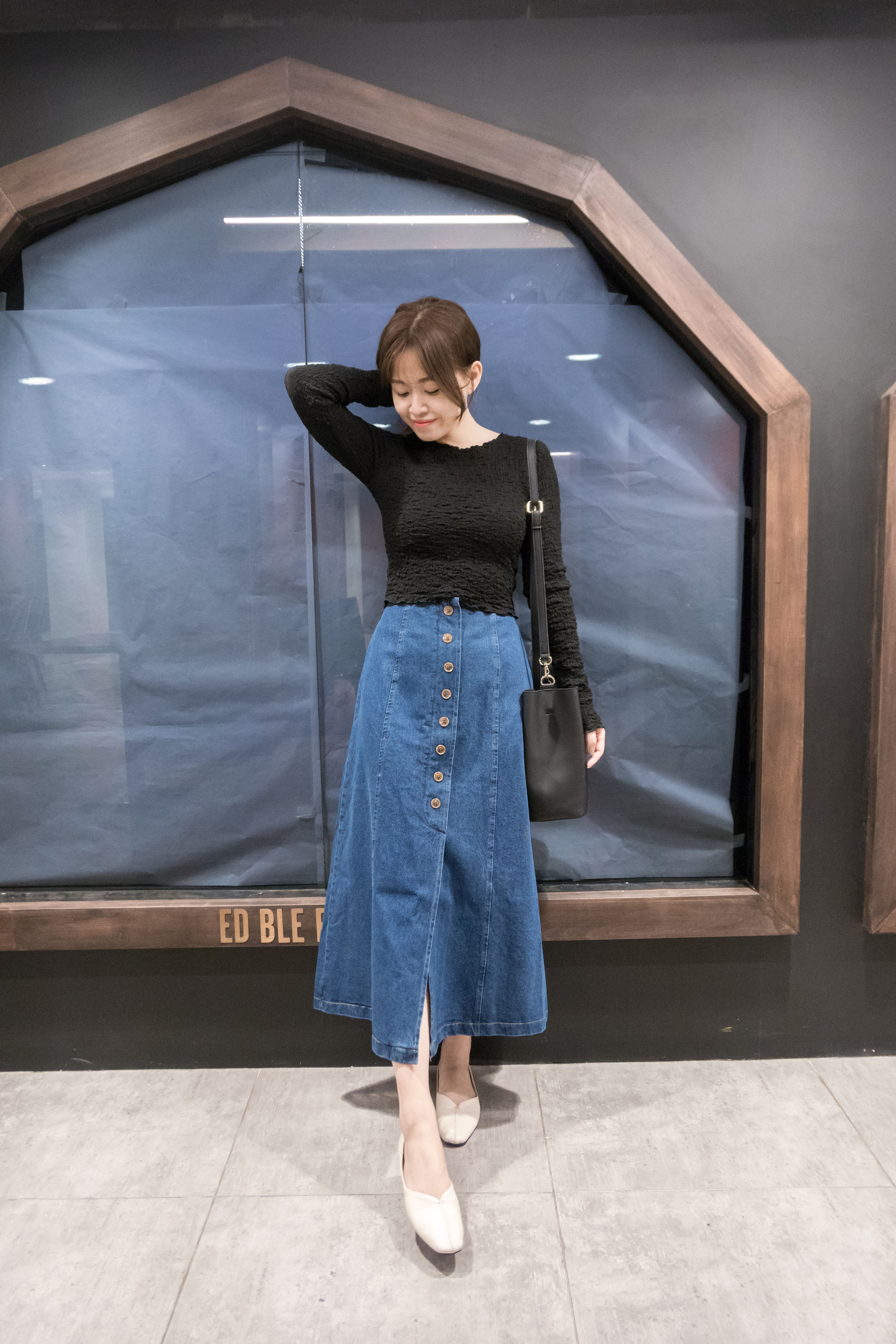 Denim 後橡筋腰假鈕釦A形牛仔長裙, Skirt/ SK8443