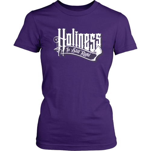 purple shirt with black letters