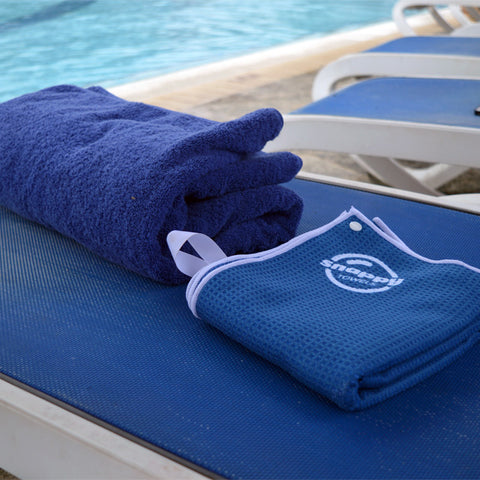 Stop lugging around huge, heavy, bulky cotton towels. Wear a Snappy Towel microfiber beach towel instead!