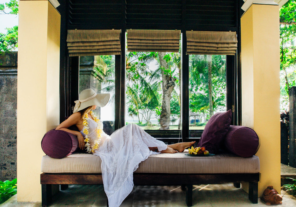 Polkadot Passport at Supernomad - Nicola in window seat, Four Seasons Sayan - Ubud, Bali, Indonesia