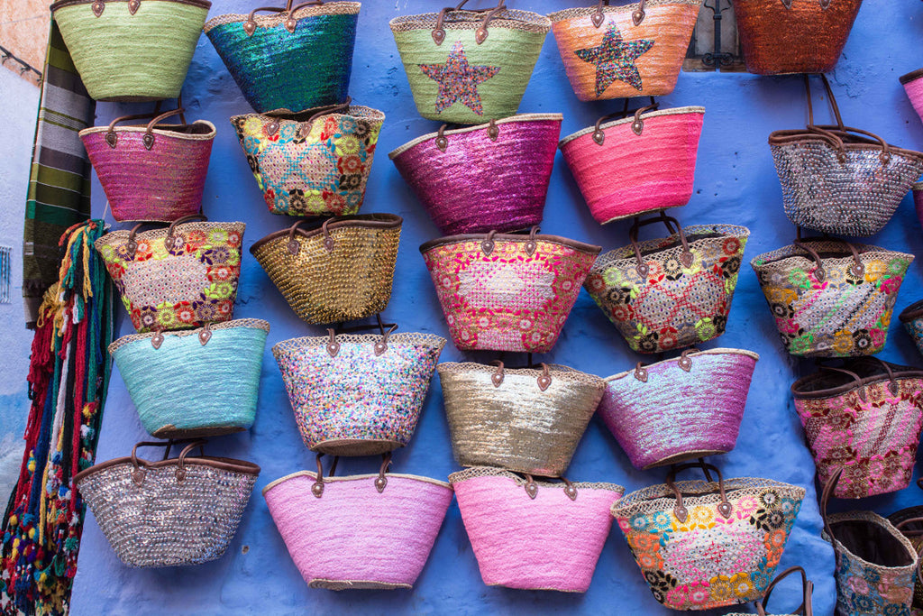 Street Scenes in Chefchaouen, Morocco by Sophee Smiles - Bags on Wall