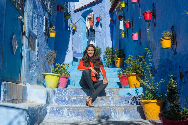 Sophee Smiles - At Home in Morocco - Sitting on Blue Stairs