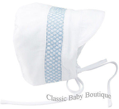 Feltman Brothers Boys White Blue Smocked Baby Bonnet Large 6 9 M