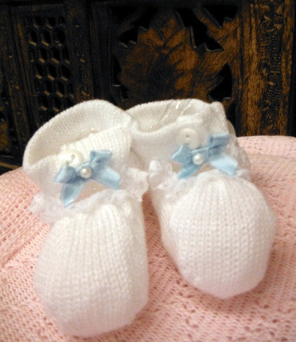 Will Beth White Knit Bow Pink Or Blue Ribbon Booties Crib Shoes