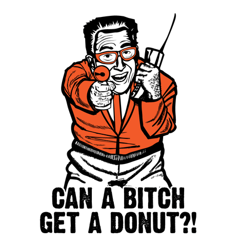 Can A Bitch Get A Donut? man talking into a satellite phone and aiming firearm