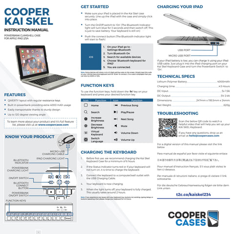 Cooper Kai Skel iPad 4 3 2 Keyboard Clamshell user manual
