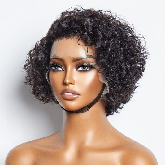 TedHair 8 inch Short Curly Pixie Cut 13"x4" Frontal Lace Wig Pre-Bleached Knots Brazilian Human Virgin Hair 150% Density