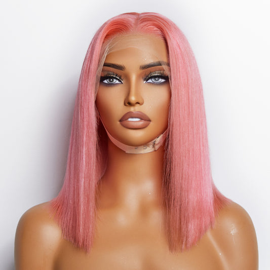 Tedhair 12 Inches Pre-Plucked 13"x4" #Pink Straight Bob Lace Frontal Wig 150% Density-100% Human Hair