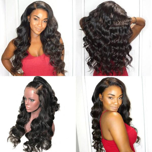 TedHair 16-18 Inches #1B 360 Lace Pre-Plucked Body Wavy Lace Frontal Wig-100% Human Hair