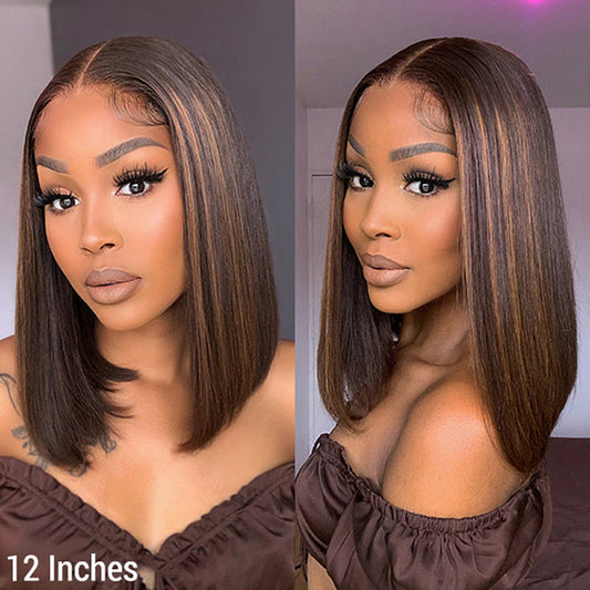 TedHair 12 Inch Chestnut Brown Highlights Straight 4x4 Closure Bob Wig 150% Density