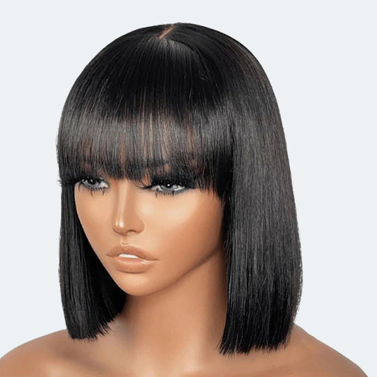 TedHair 12 Inch Realistic Yaki Straight Bob With Bangs 2x1 Minimalist Lace Wig 150% Density