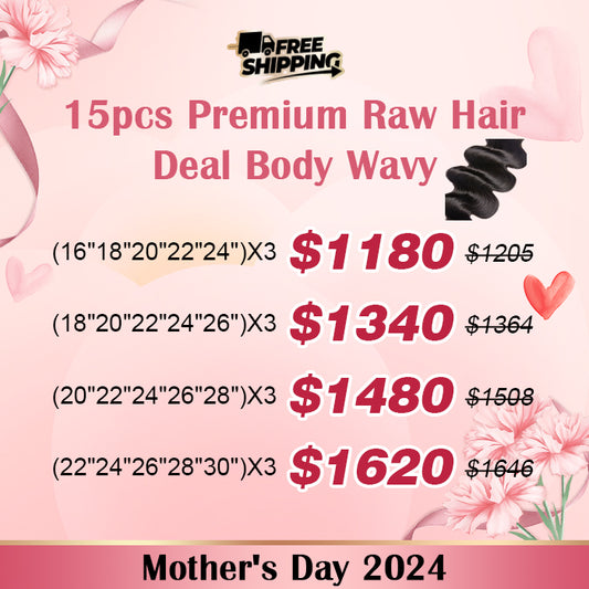 TedHair Mother's Day Package 15pcs Body Wavy Premium Raw Hair Bundle Deal $1180-$1620 Free Shipping