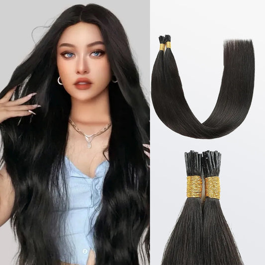 Tedhair I Tip Hair Extensions Straight Natural Remy Human Hair (#1B Natural Black)