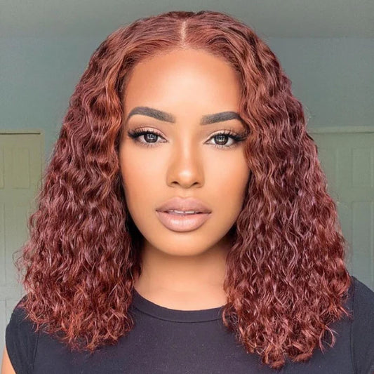 TedHair 14 Inches 4x4 Pre-plucked Reddish Brown Curly Glueles Lace Closure Wig-100% Human Hair