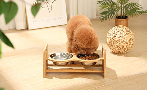 Bamboo Elevated Dog Bowls with Stand Adjustable Raised Puppy Cat