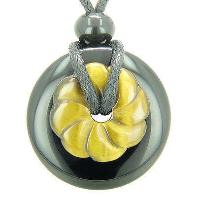 Double Lucky Amulet Magic Donut and Flower Black Onyx Tiger Eye Gemstones Spirit