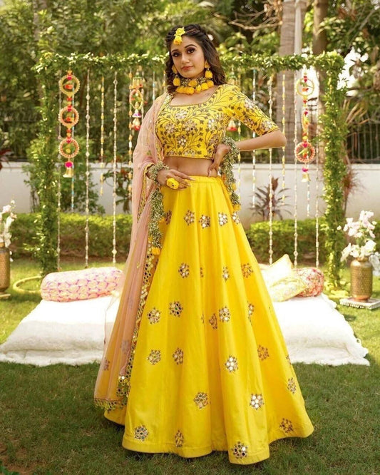 Yellow Satin Silk Embroidery Mirror Work Lehenga Blouse Dupatta