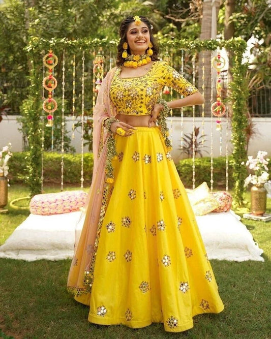 Yellow Satin Silk Embroidery Mirror Work Lehenga Blouse Dupatta