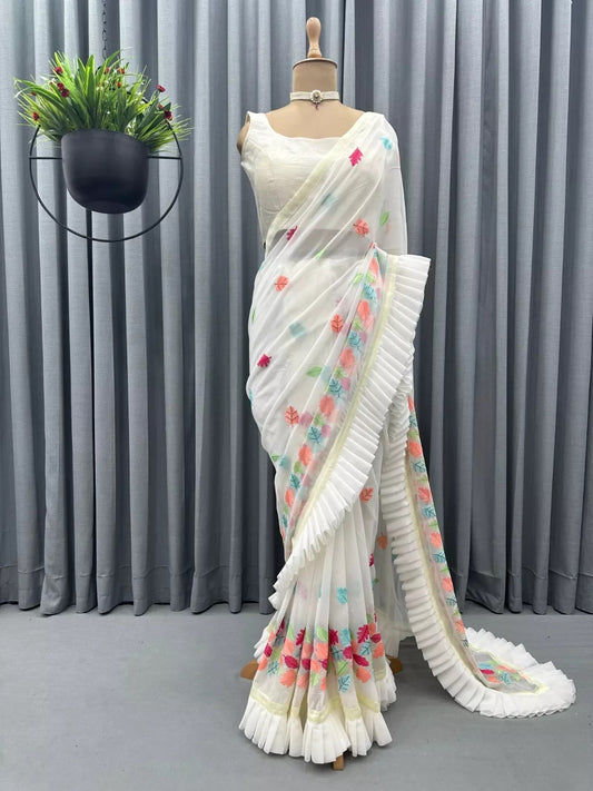 White Faux Georgette Saree With Unstitched Blouse