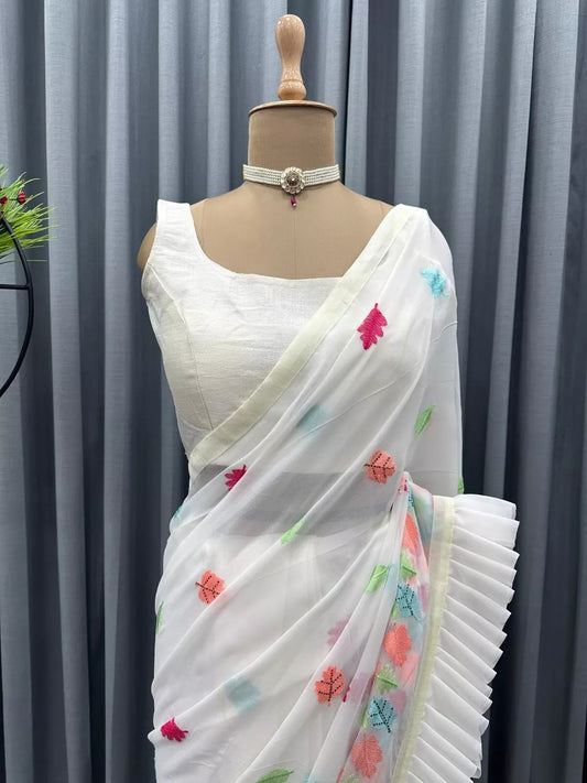 White Faux Georgette Saree With Unstitched Blouse