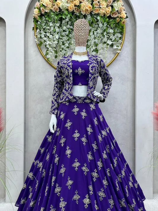 Purple Faux Georgette With Thread Sequence Work Lehenga Choli With Jacket