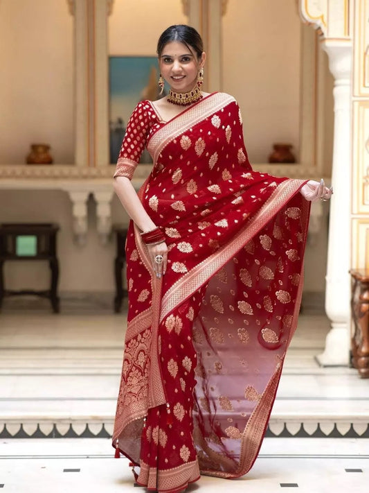 Red  Banarasi Soft Silk Saree With  Unstitched Blouse