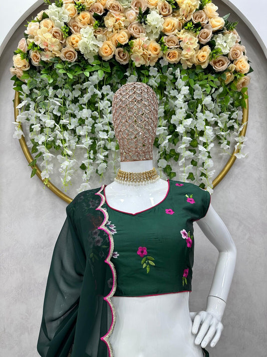 Green Taffeta Silk With Thread Work Lehenga Choli With Dupatta