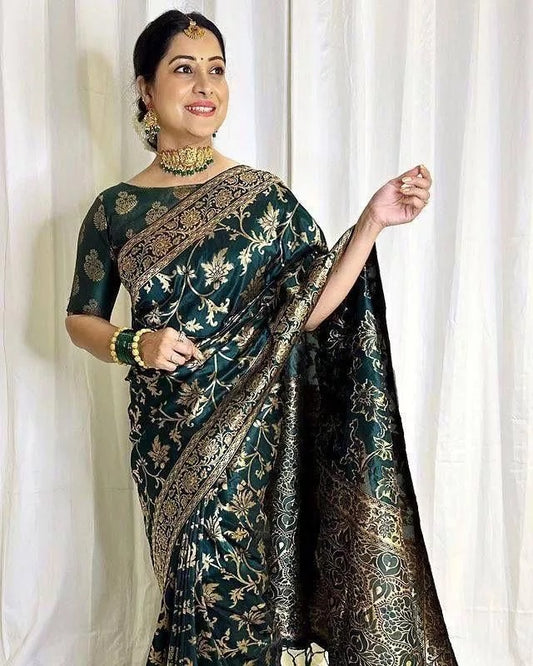 Green Soft Lichi Silk Saree With Unstitched Blouse