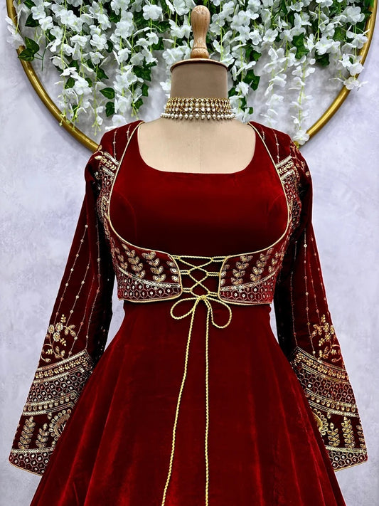 9000 Velvet With Thread Sequence Work Long Anarkali Gown Kurti
