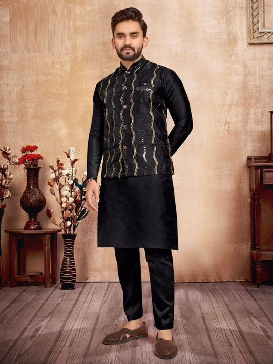 Silk With Sequence Jari Embroidery Work Kurta Payjama & Coti Set