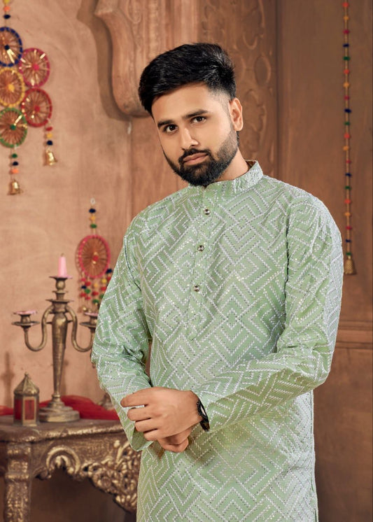 Heavy Banglori Silk white Embroidery sequence work Men Kurta