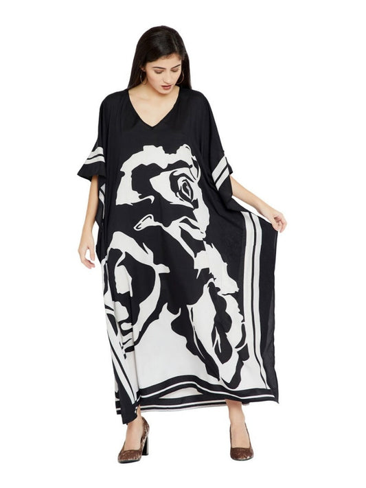 Black & White Floral Design Plus Size Silk Crepe Kaftan Dress for Women J5629