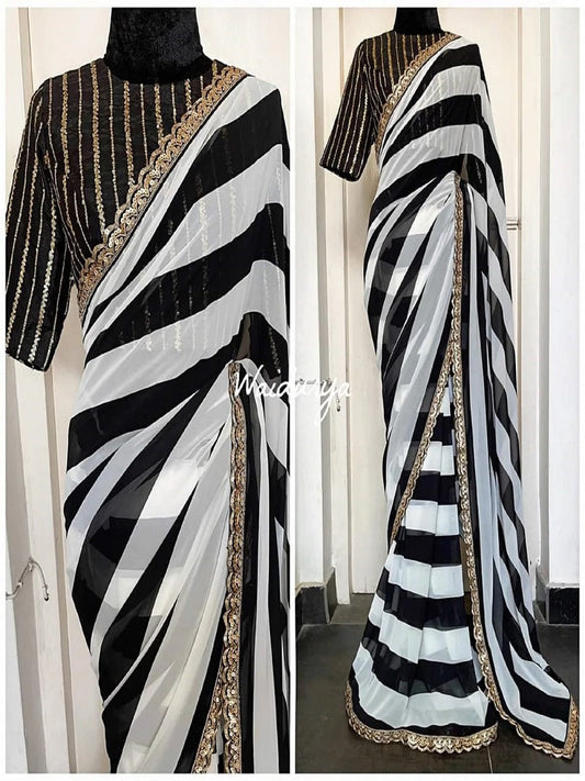 Black And White Strip Georgette With Embroidery Sequence Work Saree