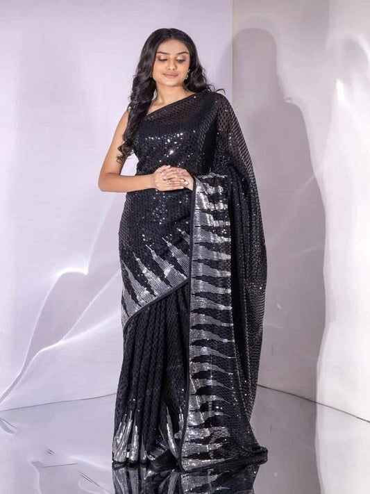 Black and Grey Georgette Sequence Work Saree